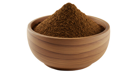 Brown powder in wooden bowl isolated on transparent background