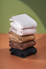 Close-up of a pile of pure cotton socks in daily life scenes