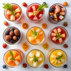 Aerial view of nine glasses filled with colorful fruit juice and fruit pieces on white table