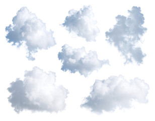 Isolated fluffy white clouds floating against a stark black background isolated on transparent background
