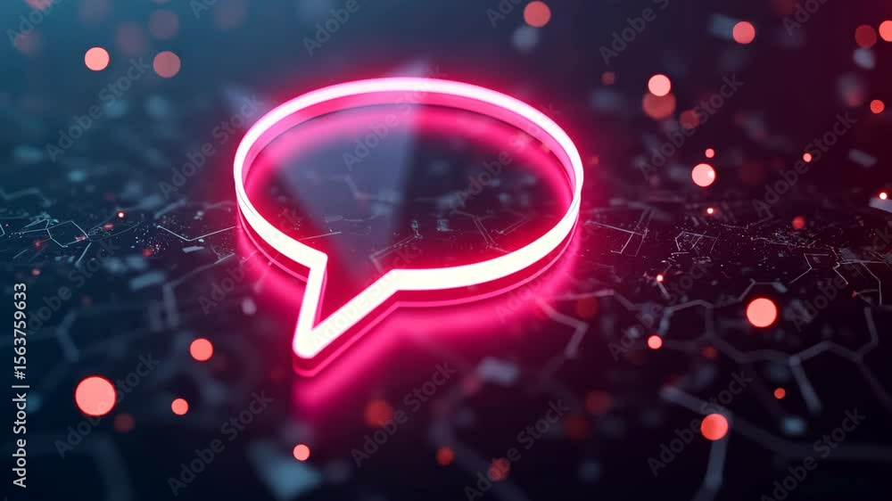 Poster a neon-lit 3d message bubble icon with a slight transparency, glowing against a dark interface, cybe
