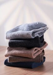 Close-up of a pile of pure cotton socks in daily life scenes