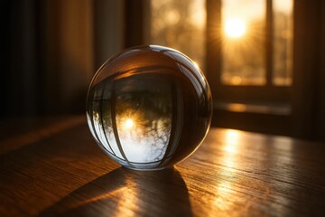 A glass ball sitting on top of a wooden table