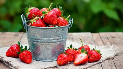 Fresh ripe strawberry bucket on rustic wooden table, greenery background. Natural berries, summer mood.