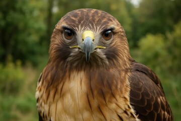 A close up of a bird of prey with a green background