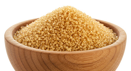 Brown sugar crystals in wooden bowl isolated on transparent background