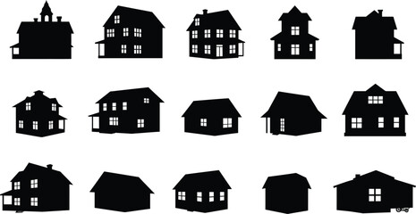 Diverse House & Building Silhouettes Set: Residential, Farm, Lighthouse, and Coastal Home Icons Collection.