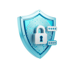 Escudo Segurança Cadeado Tecnologia Icon Azul e Branco Brilhante Elemento 3D Render PNG Transparente Shield Security Padlock Technology