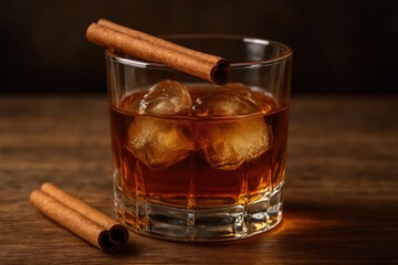 A glass of whiskey with ice and cinnamon sticks