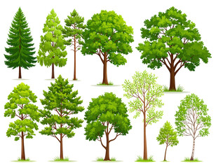 A collection of various cartoon trees with green leaves and brown trunks isolated on transparent background