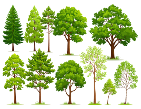 A collection of various cartoon trees with green leaves and brown trunks isolated on transparent background