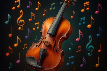 A violin surrounded by colorful music notes on a black background