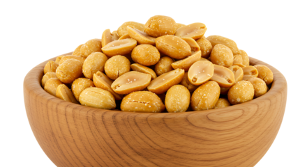 Salted honey roasted peanuts in wooden bowl isolated on transparent background