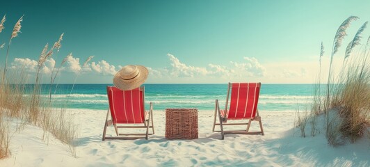 Two pastel beach chairs and picnic baskets rest on a sandy shore beside calm turquoise waters under a clear sky, evoking relaxation, summer leisure, and peaceful coastal retreat vibes.	