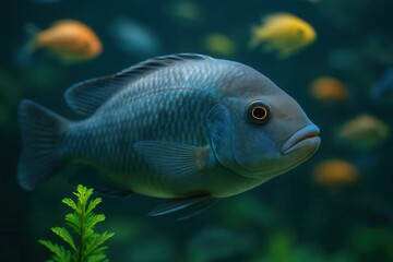 Fototapeta premium A blue fish swimming in an aquarium with other fish in the background