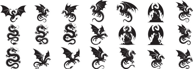 Black dragons flying and coiled mythical creatures