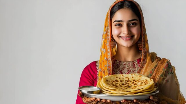 Happy indian woman holding paratha breakfast in hand, offering food indian woman, 4k video