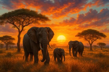 Fototapeta premium A herd of elephants walking across a grass covered field