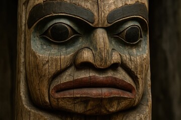 A close up of a wooden face on a totem pole