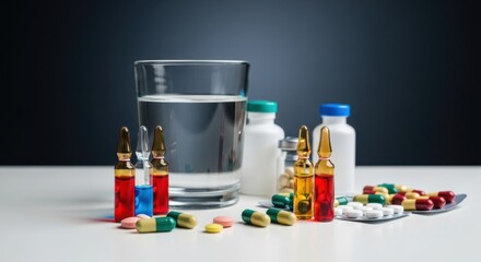 Assortment of medical drugs and ampoules with a glass of water