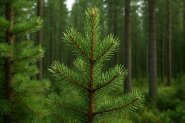 A small pine tree in the middle of a forest