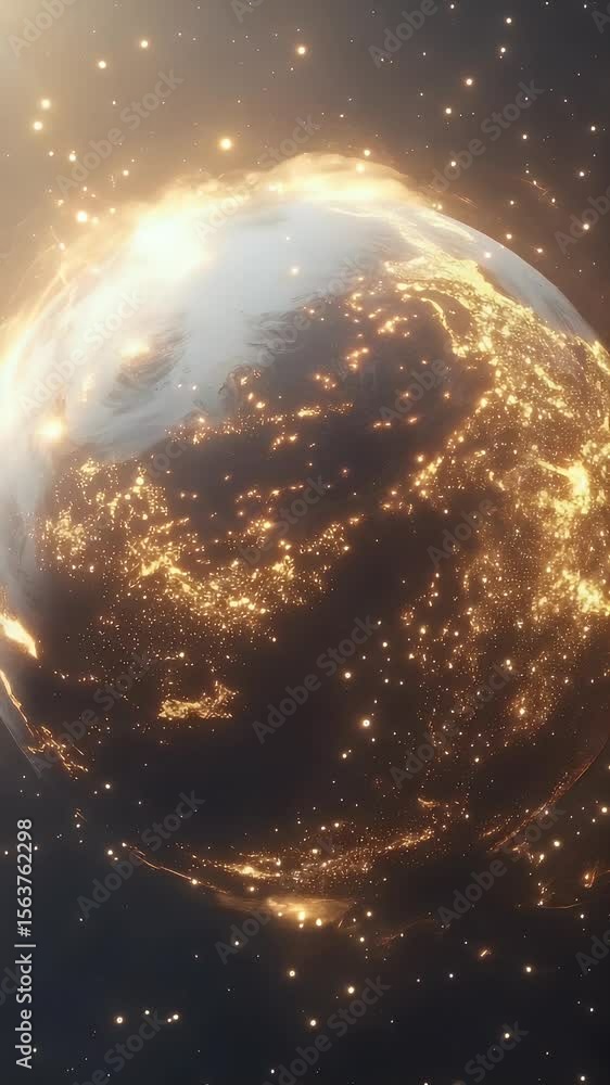 Poster glowing planet with radiant atmosphere and golden light illuminating details against a dark backgrou
