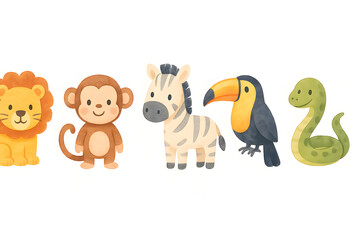 Adorable watercolor safari animals line up for a cheerful, whimsical adventure.