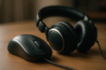 A pair of headphones and a computer mouse on a table
