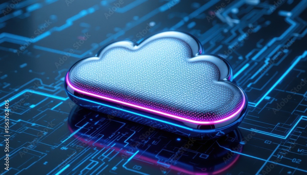 Poster futuristic cloud computing concept with neon lights and circuit background