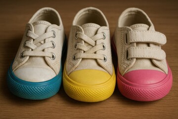 Three pairs of colorful shoes on a wooden surface