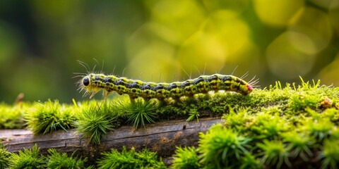 Fototapeta premium A vibrant green caterpillar crawls along a moss-covered log in a sunlit forest, showcasing its intricate details and the beauty of nature's miniature world.