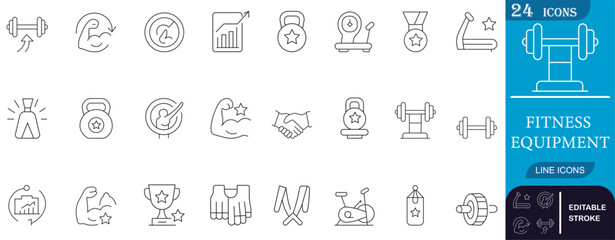 Modern line icons of fitness and gym equipment. Ideal for health apps, workout programs, and sports websites. Editable vector stroke.