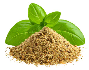  Isolated Pile of Dried Oregano Powder with Fresh Leaf, isolated on transparent background PNG