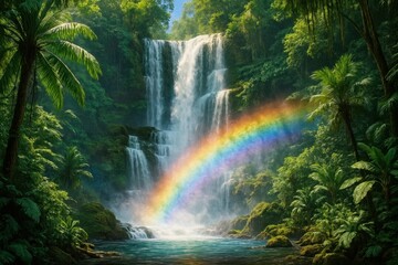 A waterfall in the middle of a lush green forest with a rainbow