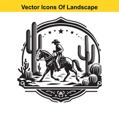 Obraz premium Silhouetted Cowboy Leading Horse – Western Desert Scene in Black and White Line Art