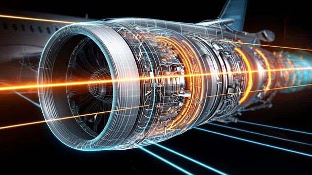 High-tech digital rendering of a jet engine cutaway, showing internal mechanics and glowing energy lines, symbolizing aerospace innovation.
