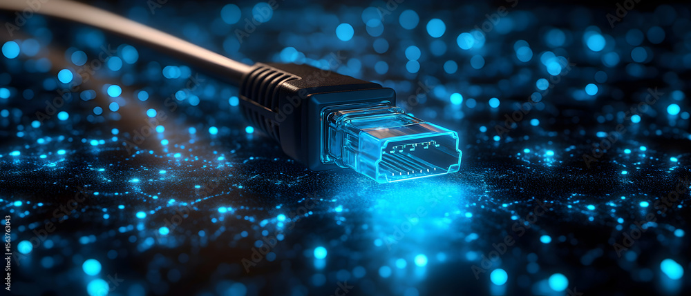 Poster close-up of a glowing rj45 ethernet cable connector on a dark, abstract background representing a ne