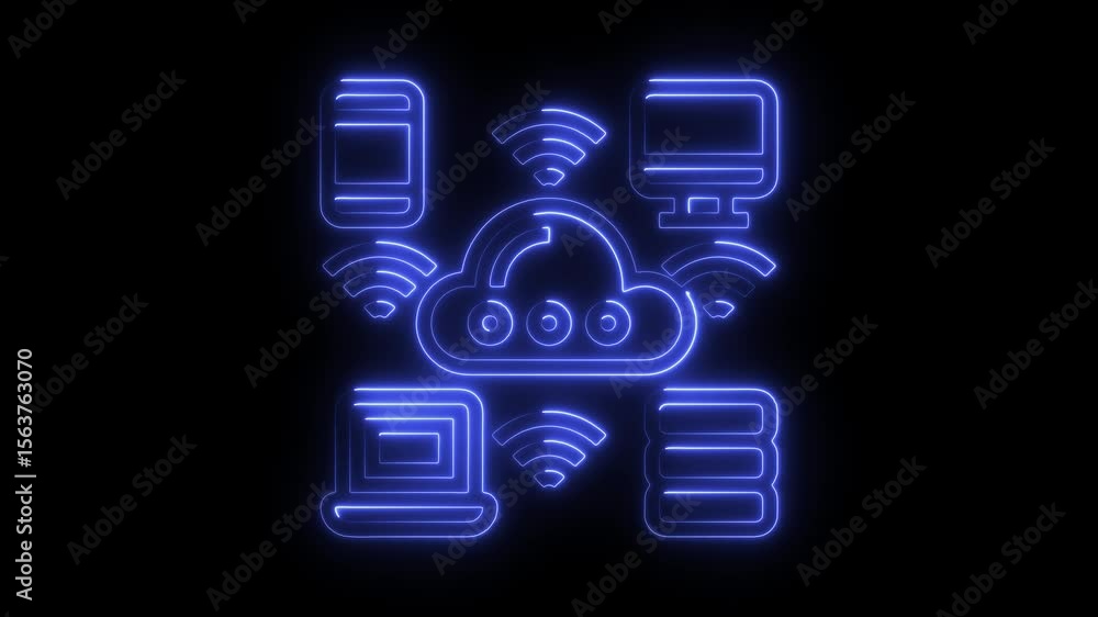 Poster cloud computing connection animated neon icons digital devices wireless network data transfer