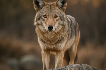 Fototapeta premium A coyote standing on top of a rock in the woods