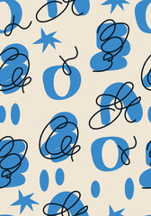 Abstract seamless pattern stylised scribble shapes, stars, and geometric elements on background. Flat graphic style modern design concept. Design for textile, wallpaper, poster, banner, print