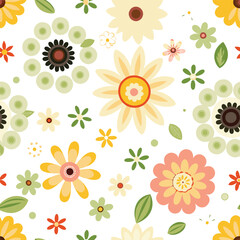 Colorful floral pattern with various flowers and leaves on a white background (1)