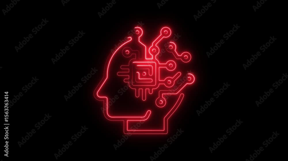 Poster red neon brain circuitry concept illustrating artificial intelligence and neural networks on