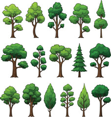 Fototapeta premium Cartoon Trees with Varied Green Canopies and Brown Trunks Vector illustration