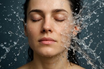 A woman with her eyes closed under water splashing on her face