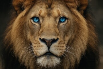  A close up of a lion's face with blue eyes
