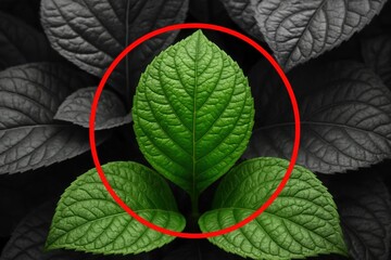 A green leaf with a red circle in the middle of it