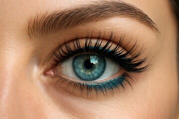  a close up of a woman's blue eye with long eyelashes