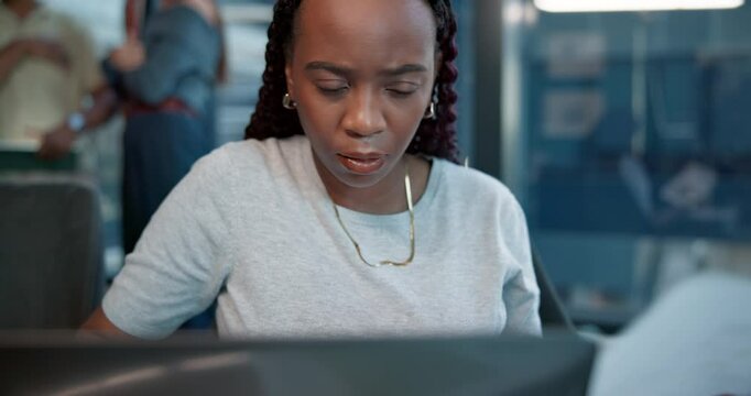 Office, employee and woman with laptop for data entry and records of financial transactions or info. Typing, digital report and accountant with documents for administration, read or serious with tech