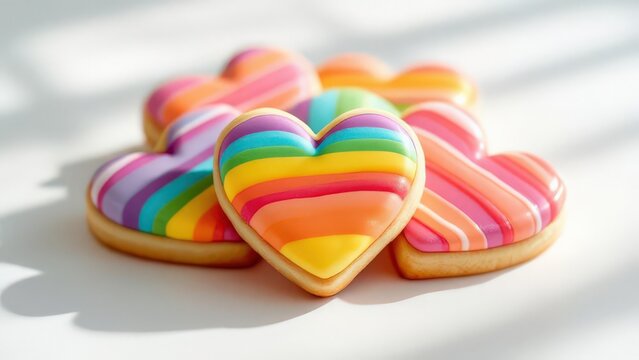 Delicious Heart Shaped Cookies Decorated with Vibrant Rainbow Stripes and Sprinkles for a Festive Celebration