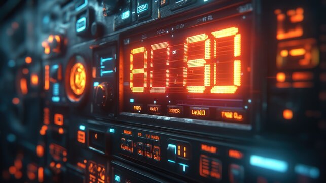 Close-up futuristic dashboard with glowing digital display